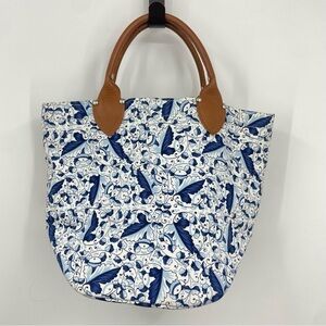 Tanner blue floral Canvas Tote Made in Italy Leather Trim